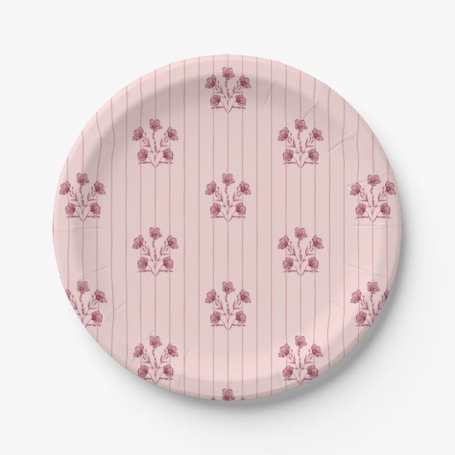 Vintage Rosa und Burgund Blume Streifen Pappteller (Vorderseite)
