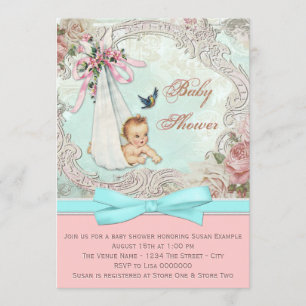 Vintage Rosa und Türkis Baby Shower Einladung