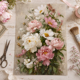 Vintage rosa und weiße Pfingstrosen Bouquet Decoup Seidenpapier