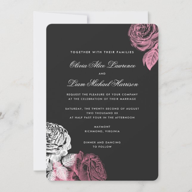 Vintage Rosa- und Weißrosenhochzeit Einladung (Vorderseite)