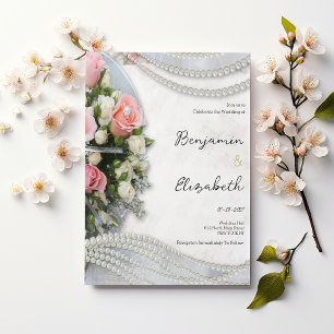 Vintage-Rosa-Weiß-Rosen-Perlen-Hochzeit Einladung