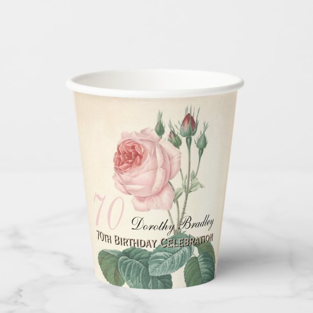 Vintage Rose 70. Geburtstagsfeier Papiertasse Pappbecher (Vorderseite)