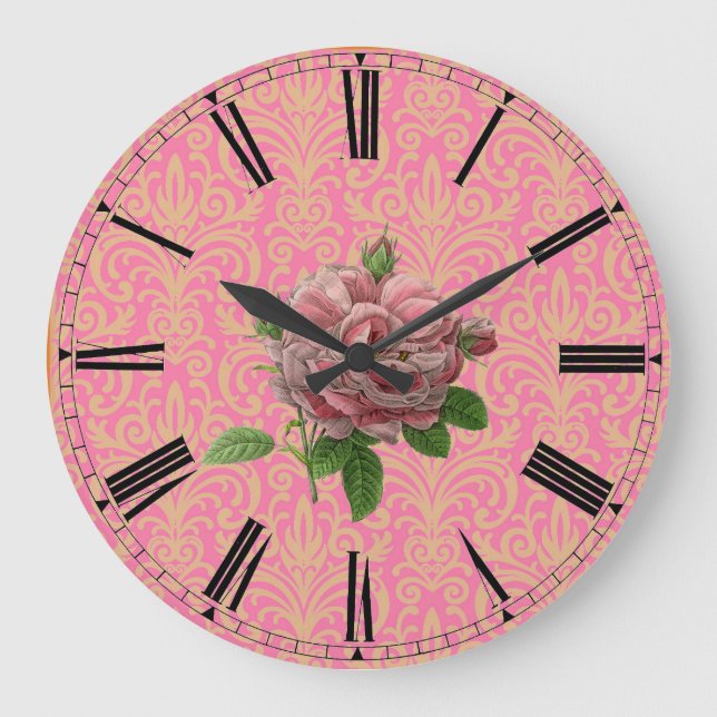Vintage Rose auf dem rosa Golddampfer Große Wanduhr (Vorderseite)