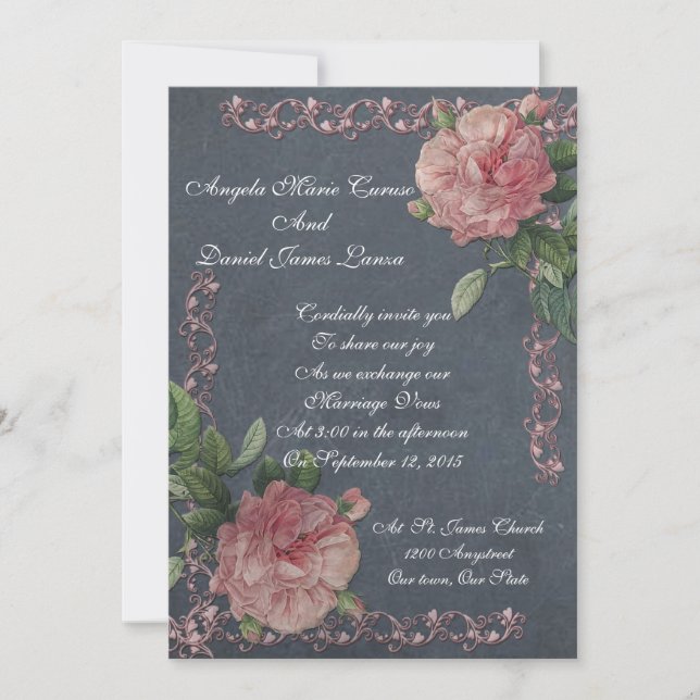 Vintage Rose auf der Tafel Hochzeit Einladung (Vorderseite)
