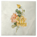 Vintage Rose aus Gold und Lachs auf Marmor BG Fliese<br><div class="desc">Elegante,  Vintage,  handbemalte Rose in goldgelben und lachsfarbenen Tönen und grünes Blattwerk auf Marmorboden.</div>