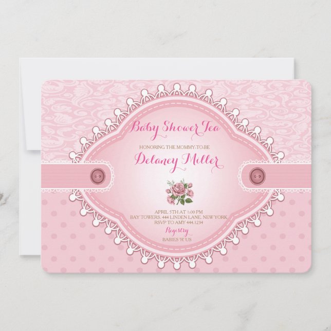 Vintage Rose Babydusche Tee Party Einladung (Vorderseite)