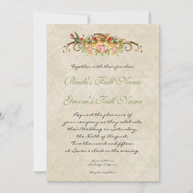 Vintage Rose bei Vögeln, Einladung zur Hochzeit (Vorderseite)