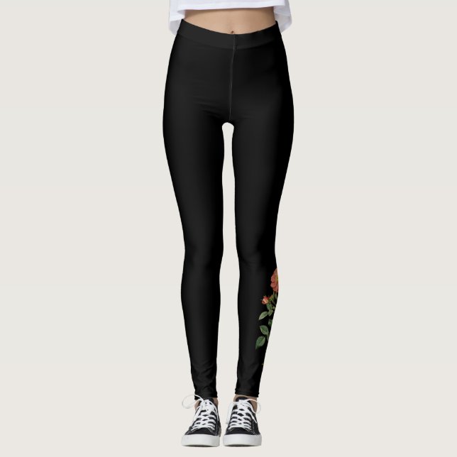 Vintage Rose Bloom Botanische Schwarze Leggings (Vorderseite)