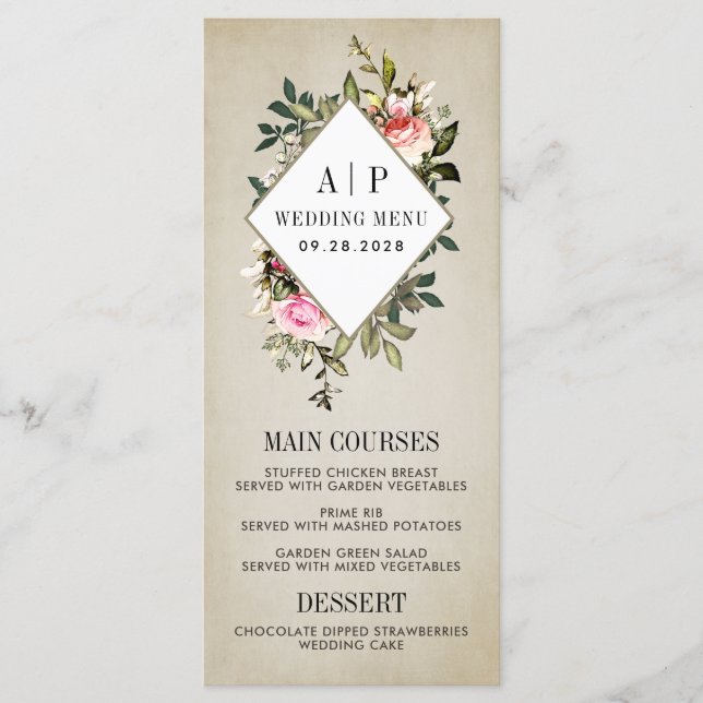 Vintage Rose Blumengrün Hochzeitskarten Menükarte (Vorderseite)