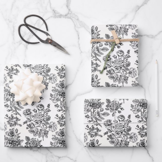 Vintage Rose Blumenmuster Geschenkpapier Set (Vorderseite)