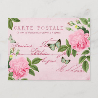 Vintage Rose Blumenpostkarte mit Schmetterlingen Postkarte