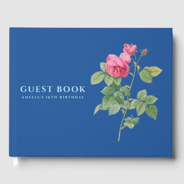 Vintage Rose Botanisches Navy-Blue-Foto Gästebuch (Vorderseite)