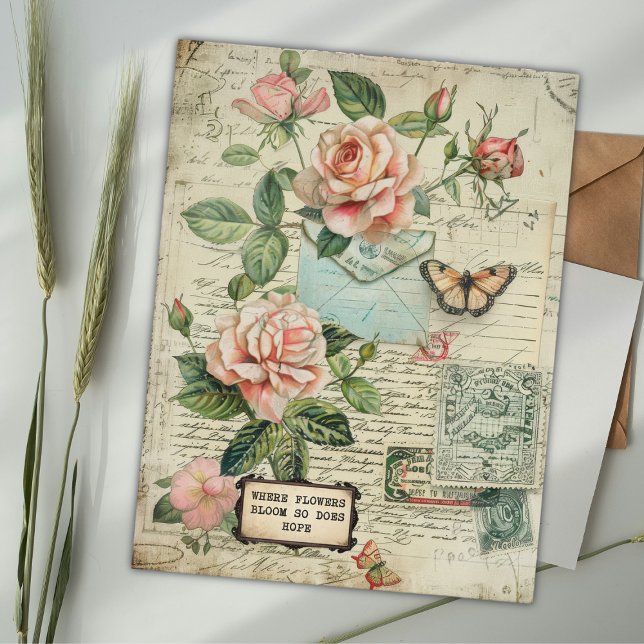 Vintage Rose & Butterfly Botanisches Ephemera Postkarte (Von Creator hochgeladen)