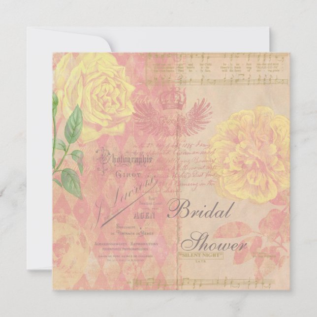 Vintage Rose, Crown & Music Brautparty Collage Einladung (Vorderseite)