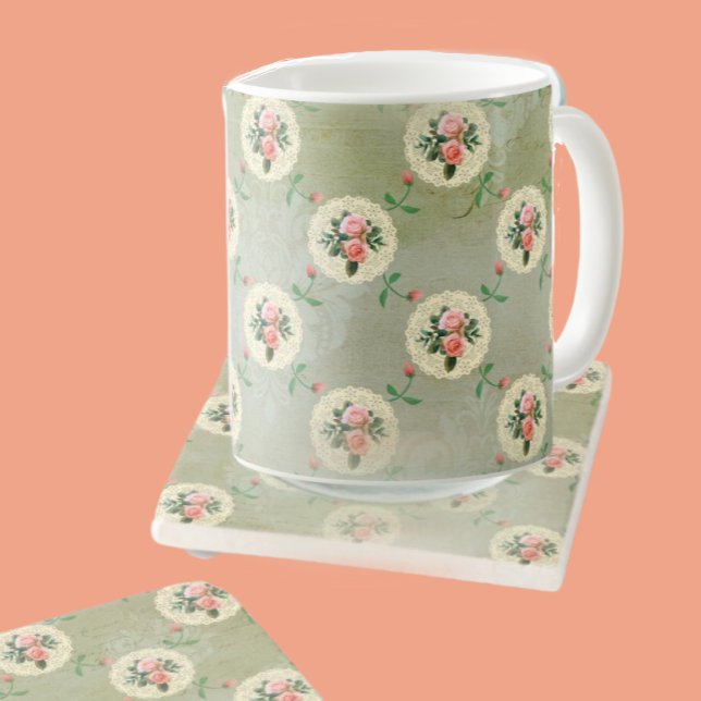 Vintage Rose Doilien verblasst rauschige grüne Dam Kaffeetasse (Mugs make a lovely hostess gift!)