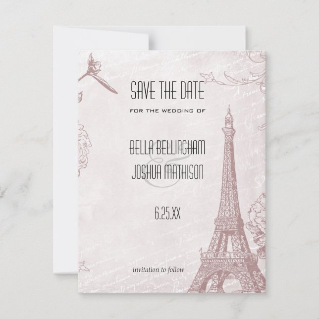 Vintage Rose Eiffelturm Save the Date (Vorderseite)