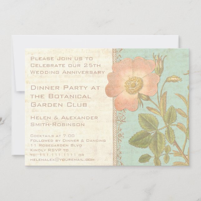 Vintage Rose Elegant 25-jähriges Abendessen Einladung (Vorderseite)