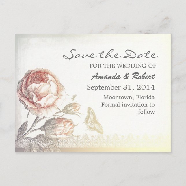 Vintage Rose elegante Save the Date Postkarten (Vorderseite)