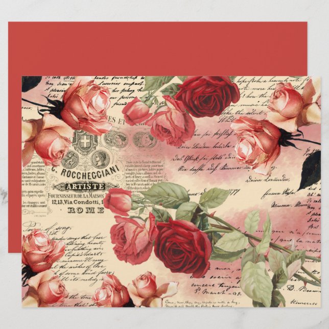 Vintage Rose Ephemera Scrapbook Paper Sheet (Vorne/Hinten)