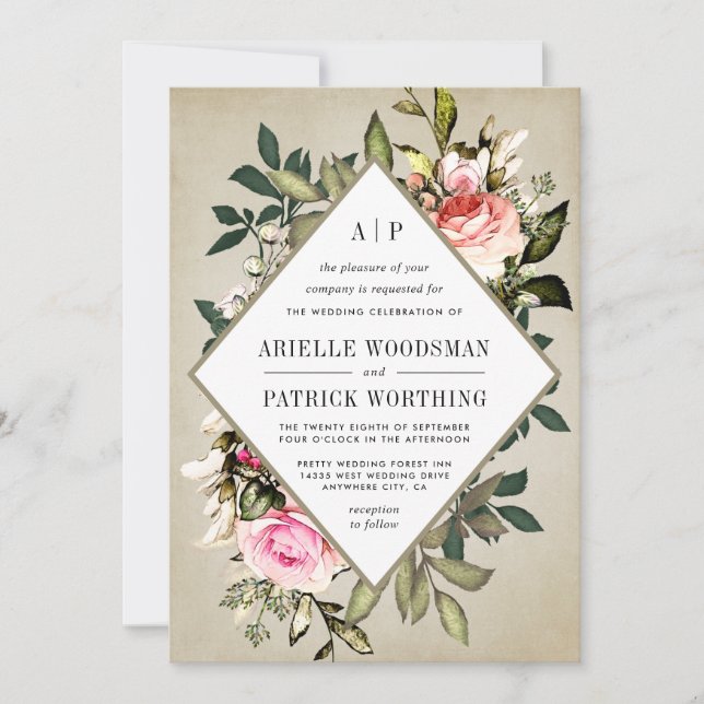 Vintage Rose Floral verdure Mariage Invitations (Devant)