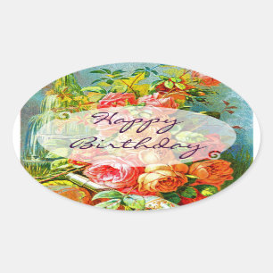Vintage Rose Geburtstag Ovaler Aufkleber