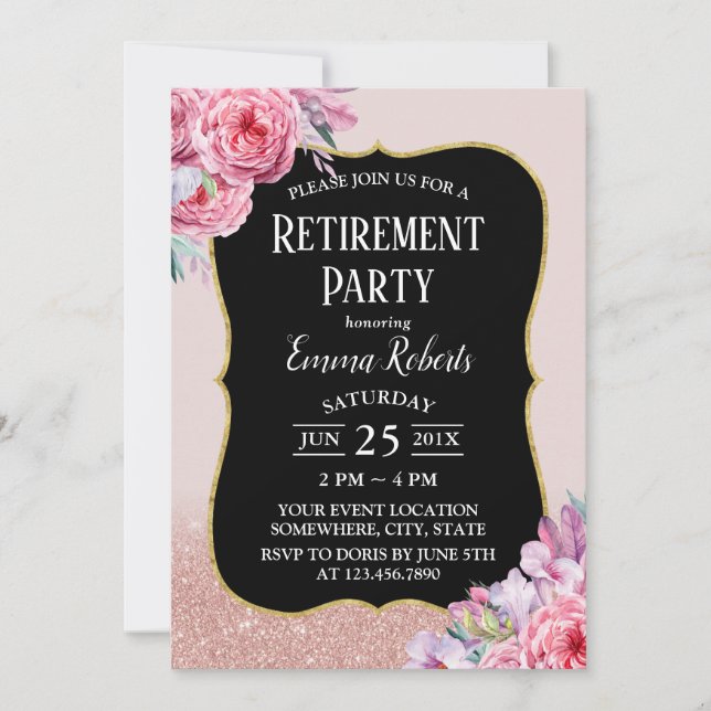 Vintage Rose Gold Glitzer Rente Einladung (Vorderseite)