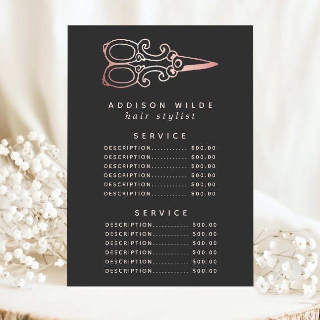 Vintage Rose Gold Scheren Salon Service Preis Menükarte (Von Creator hochgeladen)