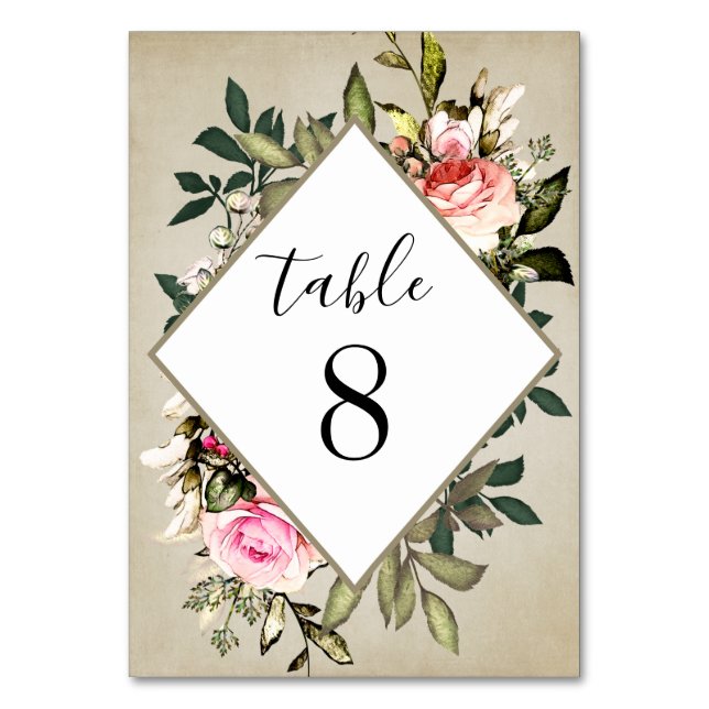 Vintage Rose Grüne Hochzeitskarte Tischnummer (Vorderseite)