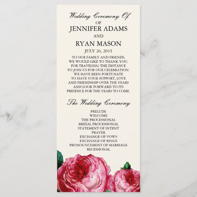 Vintage Rose | Hochzeitsprogramm-Ständerkarte Programm (Vorderseite)