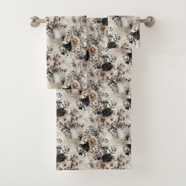 Vintage Rose in Beige, Schwarz, Creme Badhandtuch Set (Insitu)