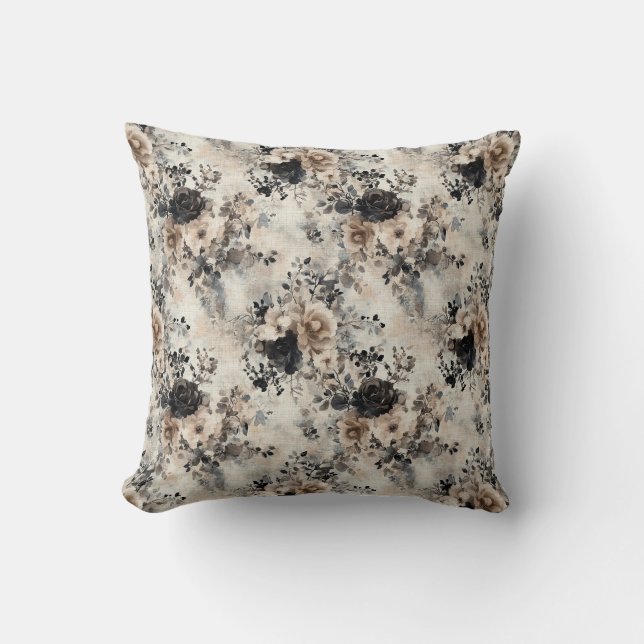 Vintage Rose in Beige, Schwarz, Creme Kissen (Vorderseite)