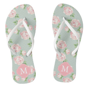 Vintage Rose in Rosa und Minze Mit Monogramm Flip Flops