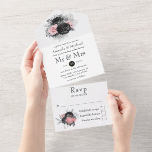 Vintage Rose in Schwarz und Rosa, die alle in eine All In One Einladung