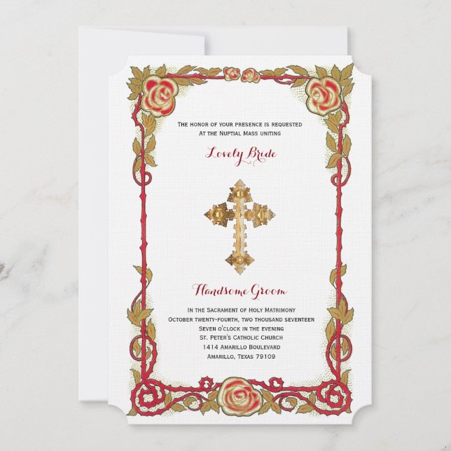 Vintage Rose Kreuzkatholische Hochzeitseinladung Einladung (Vorderseite)