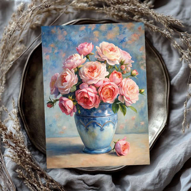 Vintage Rose mit Schambeinröte in blauer Vase Seidenpapier (Vintage shabby blush roses bouquet in blue vase tissue paper)