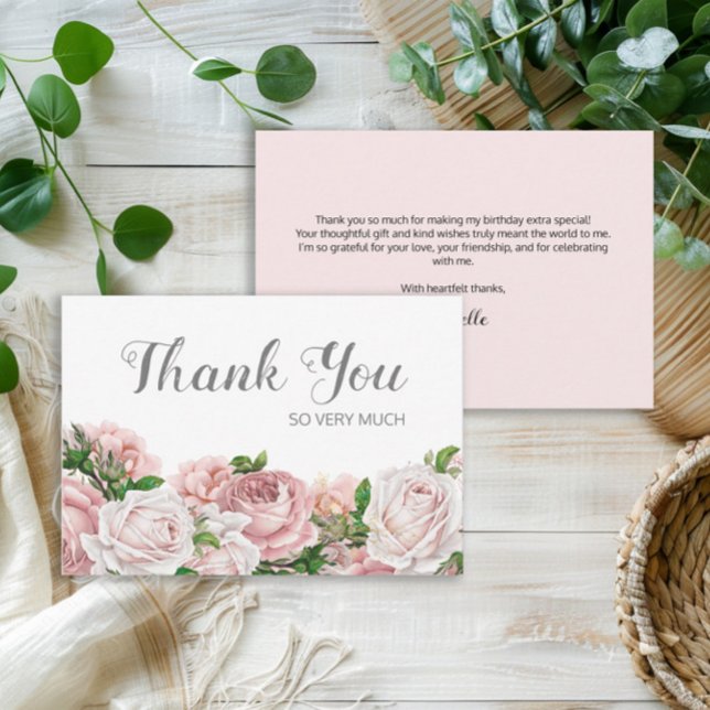 Vintage rose pâle Merci d'anniversaire (Elegant blush pink vintage floral birthday party Thank You card)