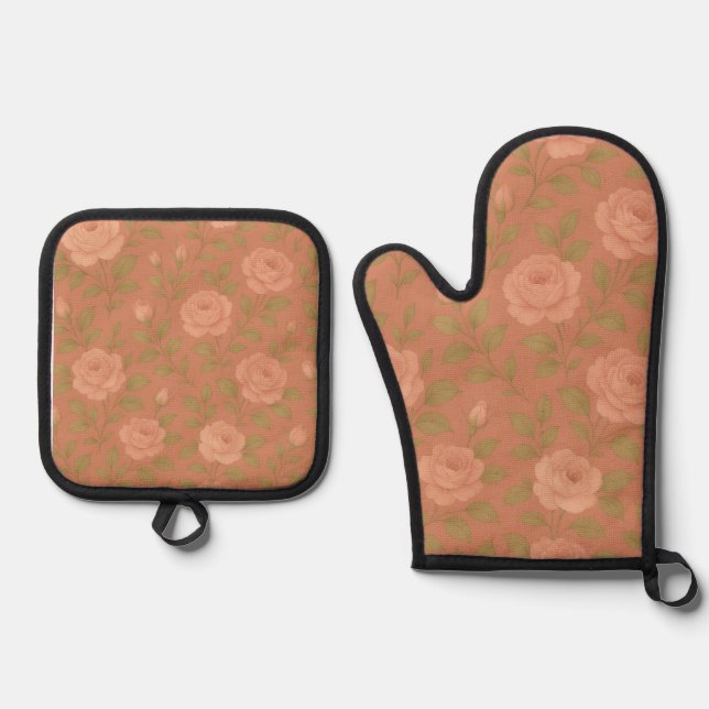 Vintage Rose Pattern Oven Mitt & Pot Holder Set (Vorderseite)