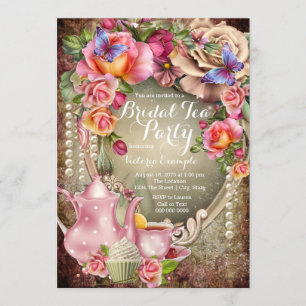 Vintage Rose Pearl Bridal Tee Party Einladung