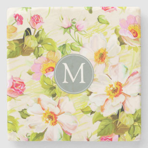 Vintage Rose Peongram Monogram Stone Untersetzer