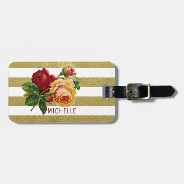 Vintage Rose, Personalisierter Goldstreifen-Gepäck Gepäckanhänger (Vorderseite horizontal)