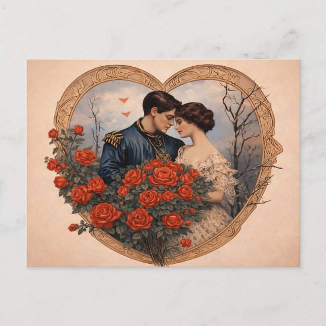 Vintage Rose Romance Postcard | Antique Heart Postkarte (Vorderseite)