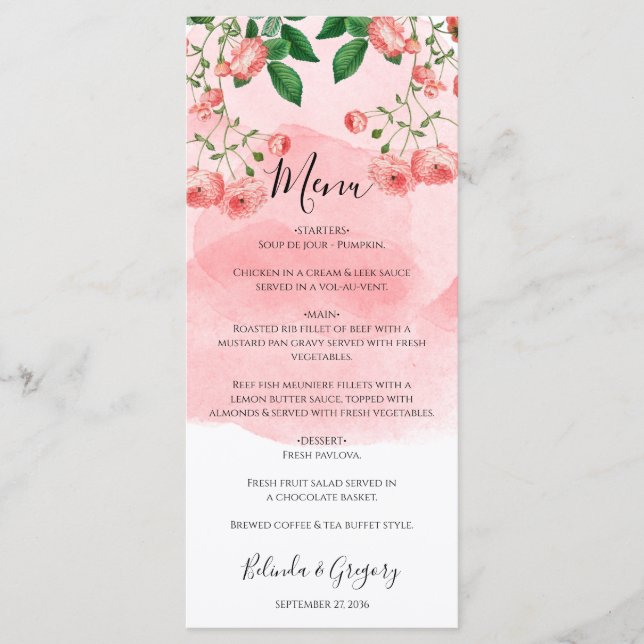 Vintage Rose Rosa Botanische Hochzeit Menükarte (Vorderseite)