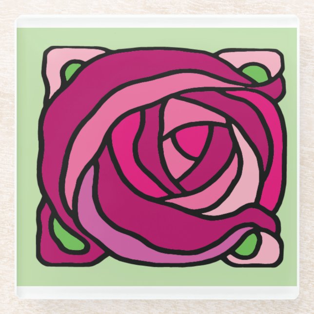 Vintage Rose Rosa und grüne Blumenmuster Glasuntersetzer (Vorderseite)