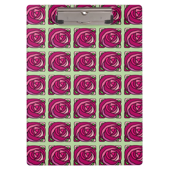 Vintage Rose Rosa und grüne Blumenmuster Klemmbrett (Vorderseite)