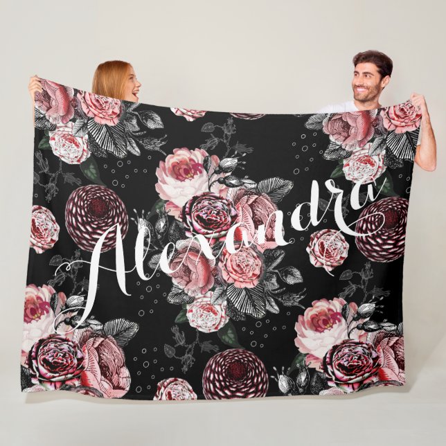 Vintage Rose Rosa und Schwarzes Muster Fleecedecke (Beispiel)
