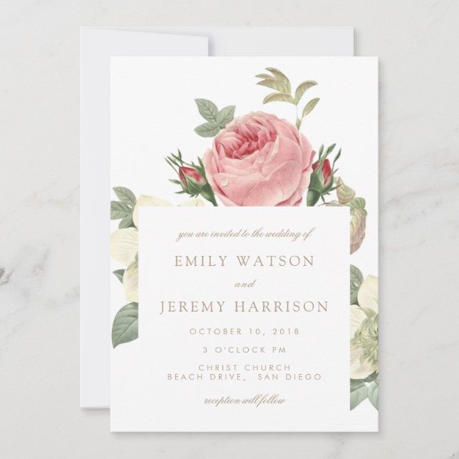 Vintage Rose Rosa und Weiße Hochzeit Einladung (Vorderseite)