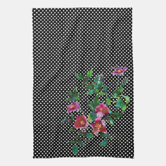 Vintage Rose schwarz-weiße Polka-Punkte Küchentuch (Vertikal)
