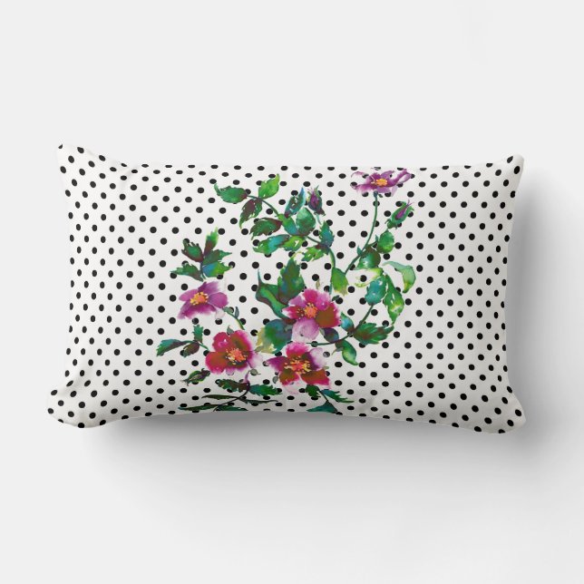 Vintage Rose - schwarz-weiße Polka-Punkte Lendenkissen (Vorderseite)