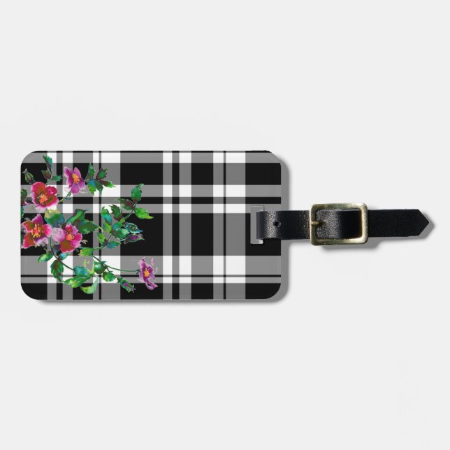 Vintage Rose - Schwarzweiß kariert Gepäckanhänger (Vorderseite horizontal)