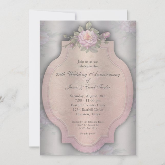 Vintage Rose Silver 25-jähriges Party Einladung (Vorderseite)